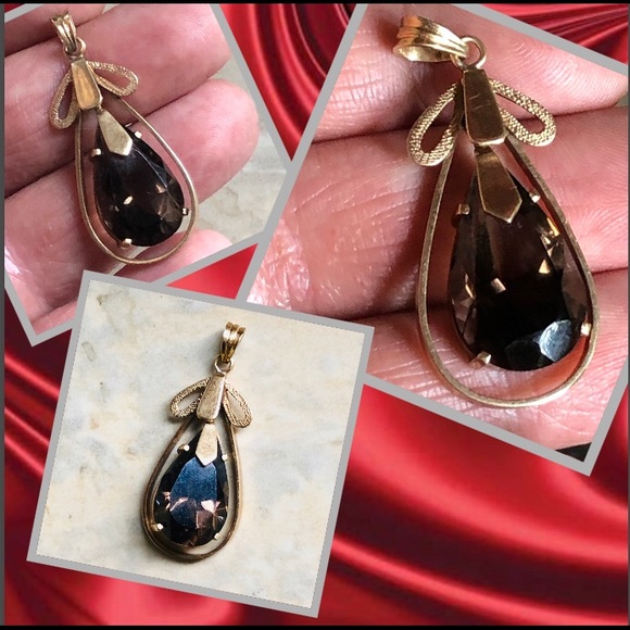 Retro Vintage 10K Gold Smoky Quartz Pendant Moves